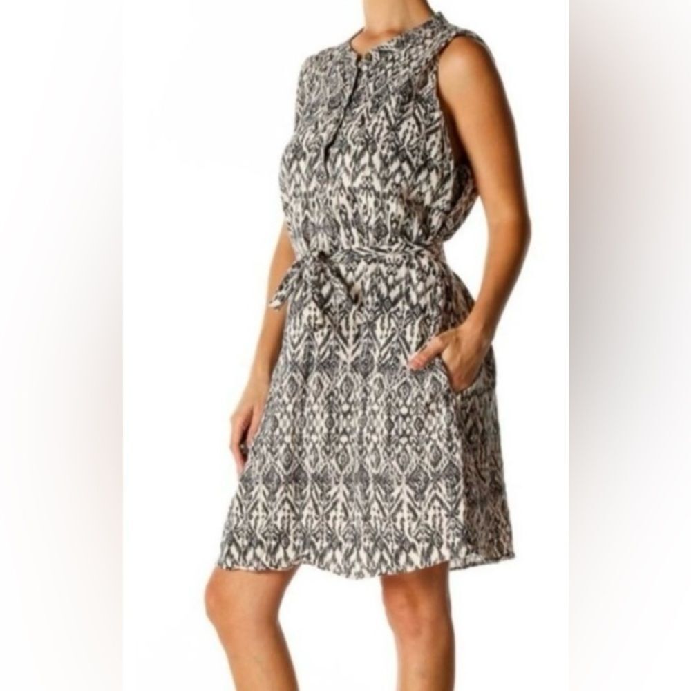 Cynthia Rowley Linen Ikat Belted Sleeveless Dress Black Tan 6